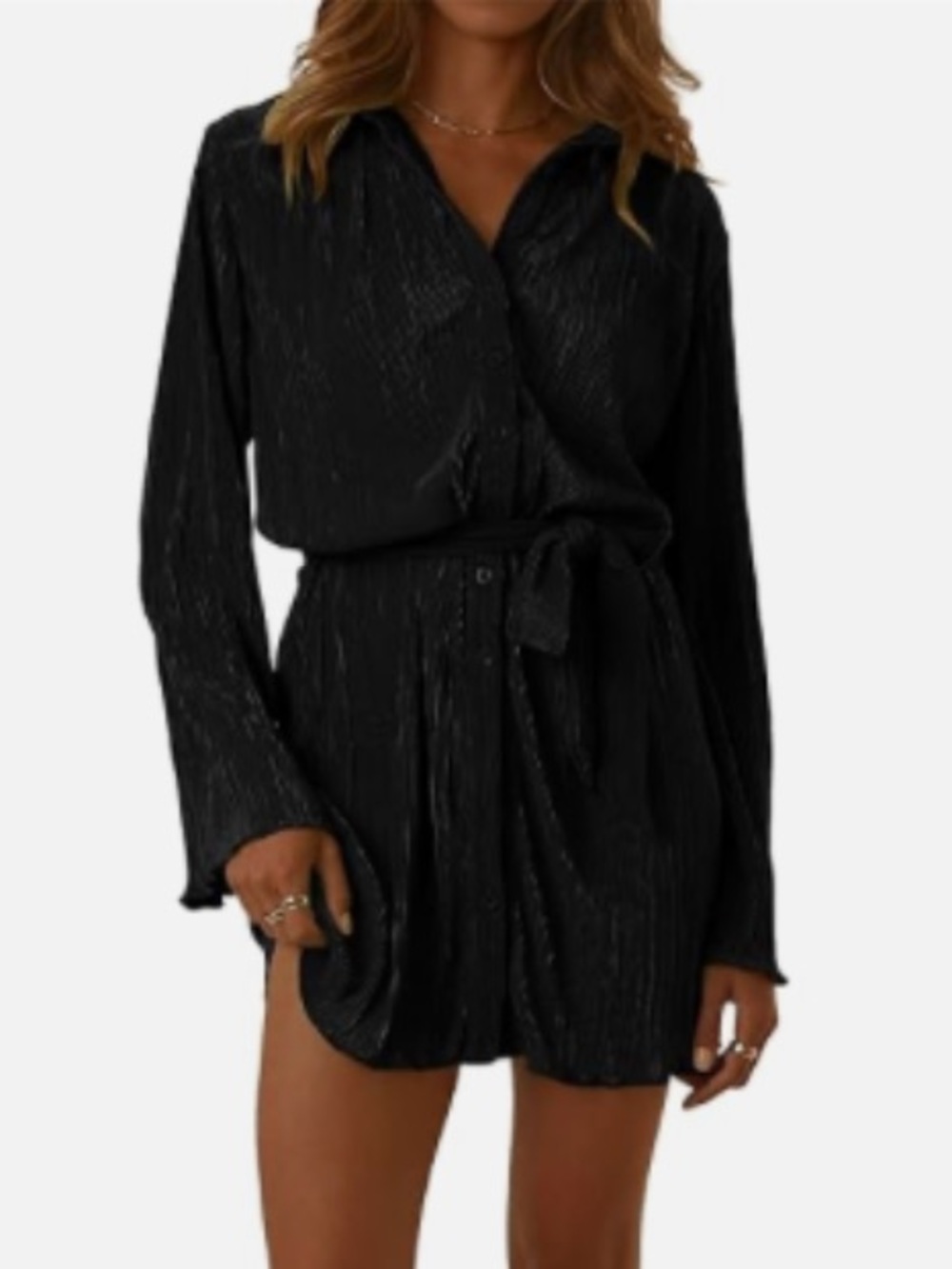 Amazon | LYANER Women's Collar V Neck Pleated Long Sleeve Shirt Dress w Belt
